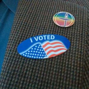 "I Voted" sticker with flaming chalice pin